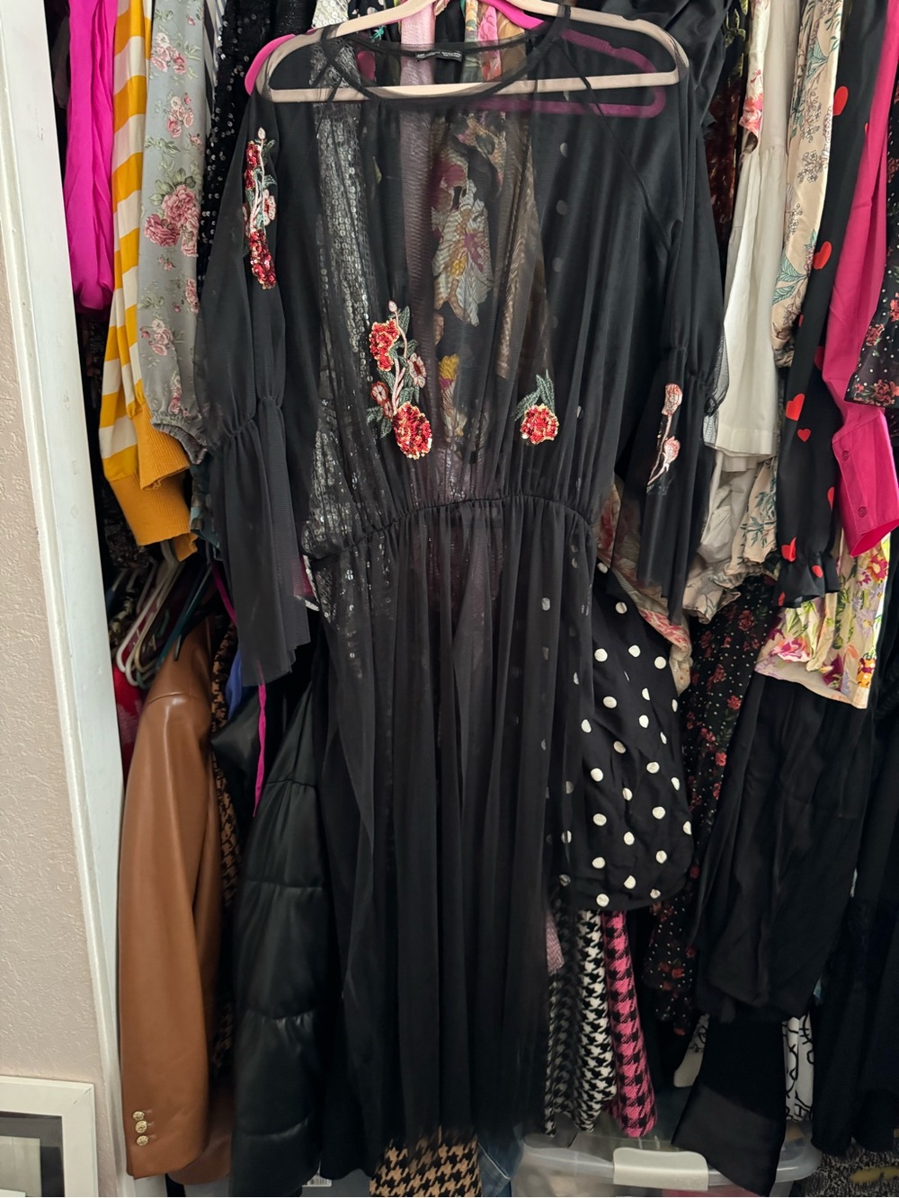 Zara Black Sheer Maxi Dress with Red Rose Embroidery